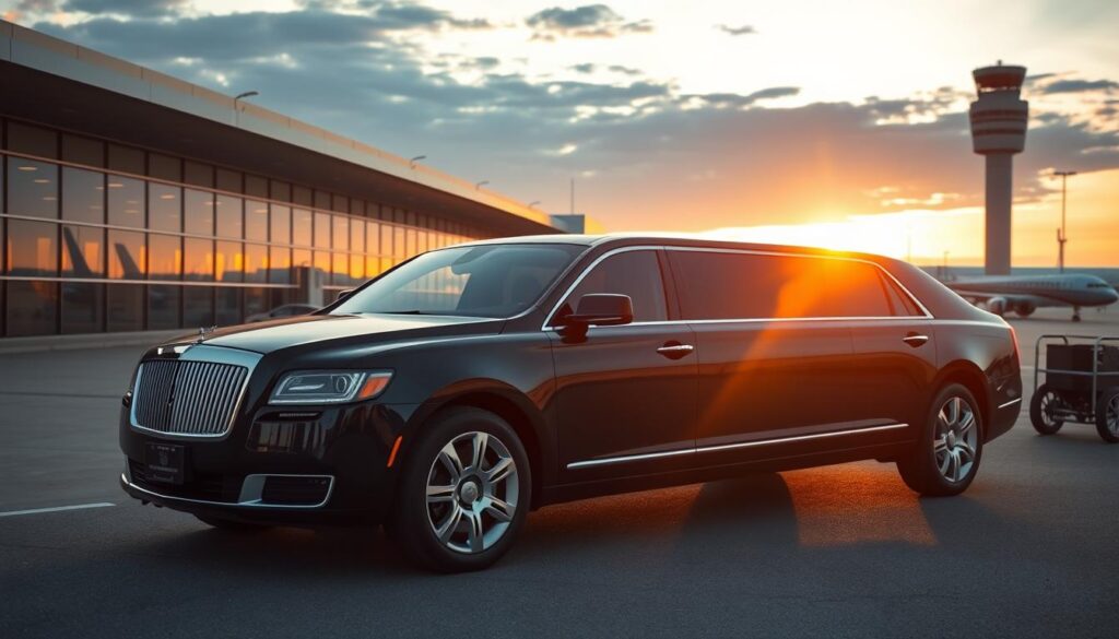 Luxury limousine departing from toronto pearson airport terminal at sunset luxury limousine departing from toronto pearson airport terminal at sunset