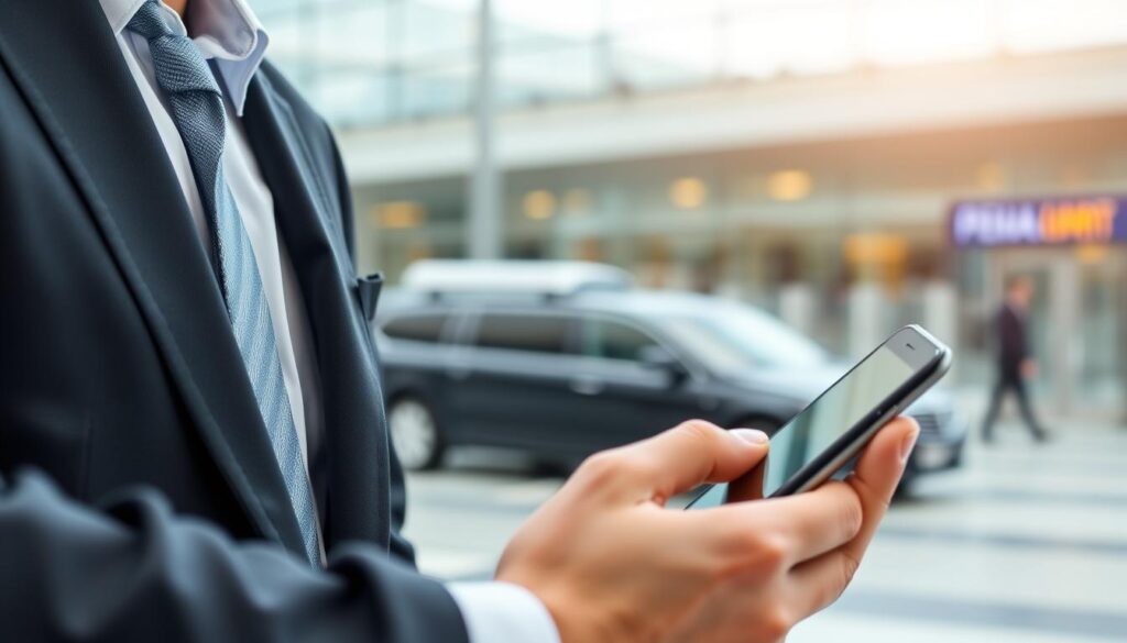Person booking pearson airport limo service on smartphone person booking pearson airport limo service on smartphone