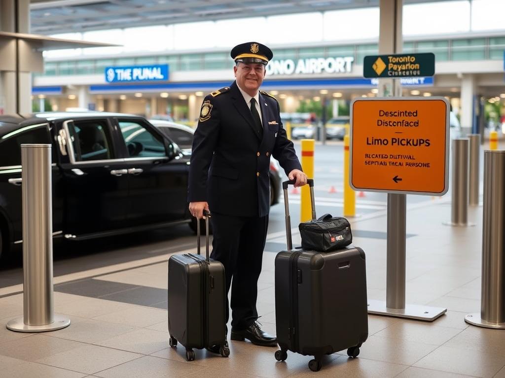 Professional chauffeur helping passengers with luggage at pearson airport limo pickup area professional chauffeur helping passengers with luggage at pearson airport limo pickup area
