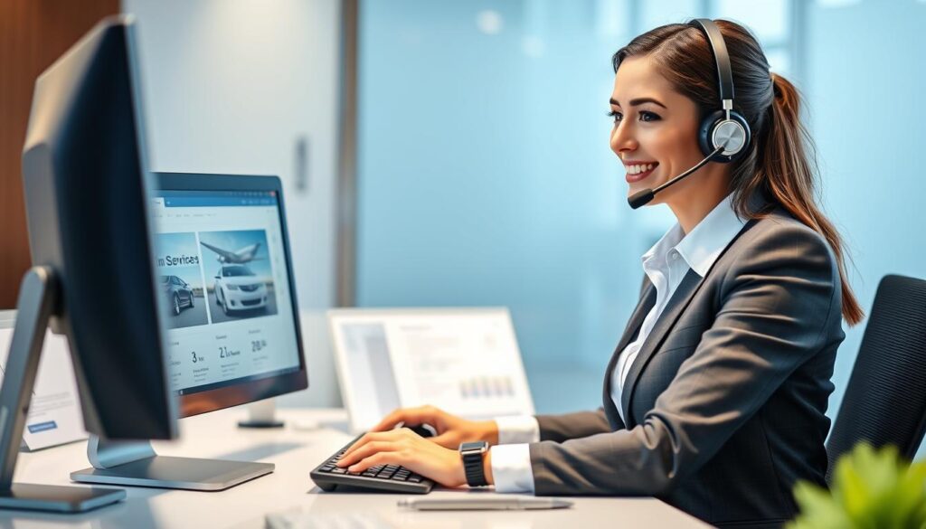 customer service representative answering questions about airport limo service
