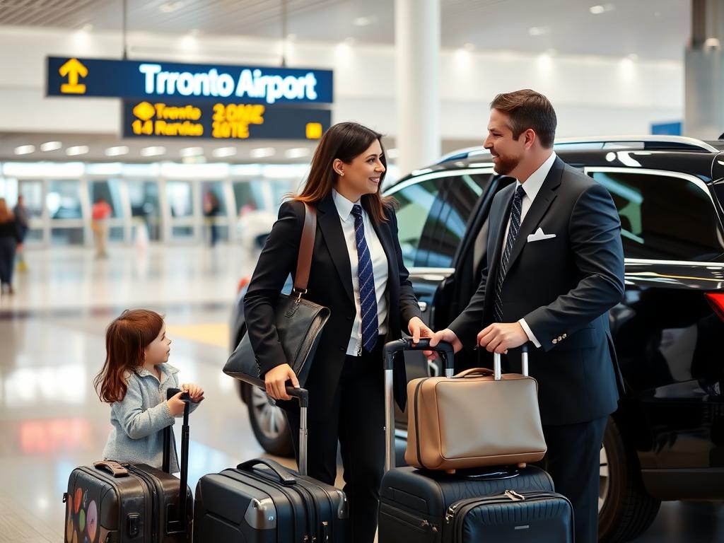 family with luggage being greeted by airport limo service toronto chauffeur