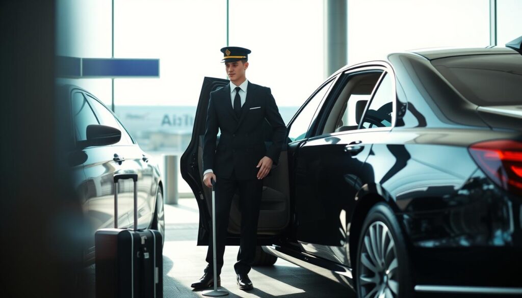 luxury airport limo service with chauffeur greeting passenger at airport