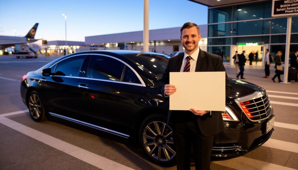 luxury airport limo waiting at terminal with chauffeur holding welcome sign