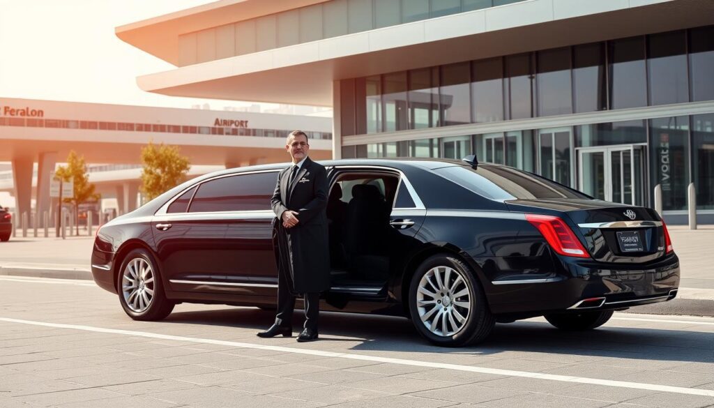 luxury limousine parked at pearson airport terminal with chauffeur waiting for passengers
