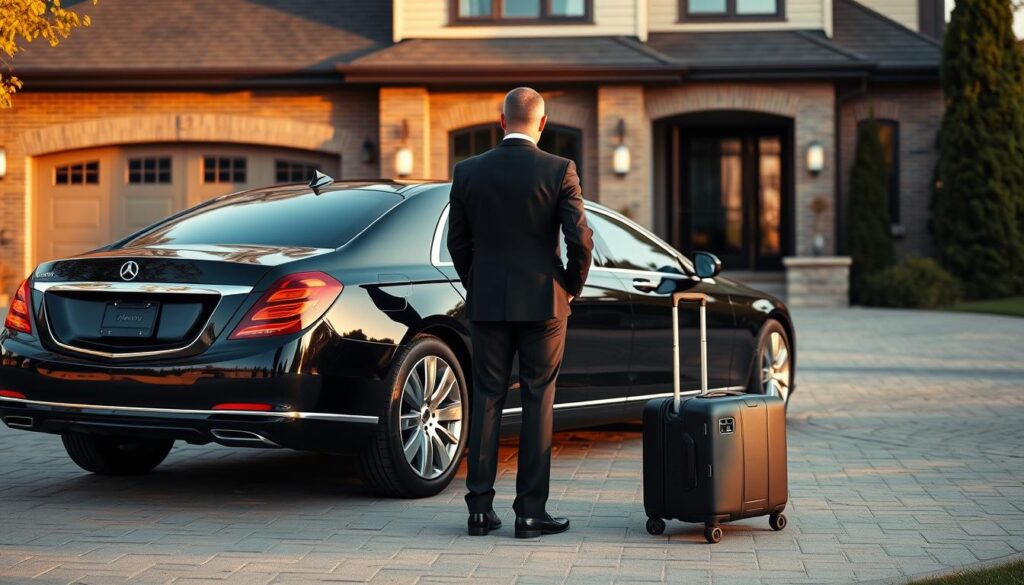 luxury sedan limousine waiting at mississauga residence for airport pickup