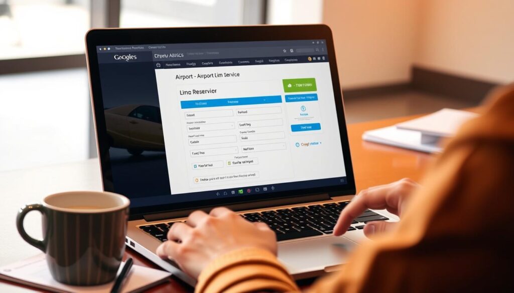 person booking airport limo service online with laptop showing reservation form